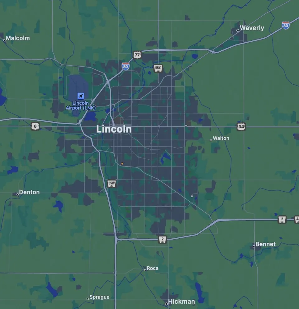 Map of the Lincoln, Nebraska area showing Lincoln, Denton, Walton, Roca, and Hickman